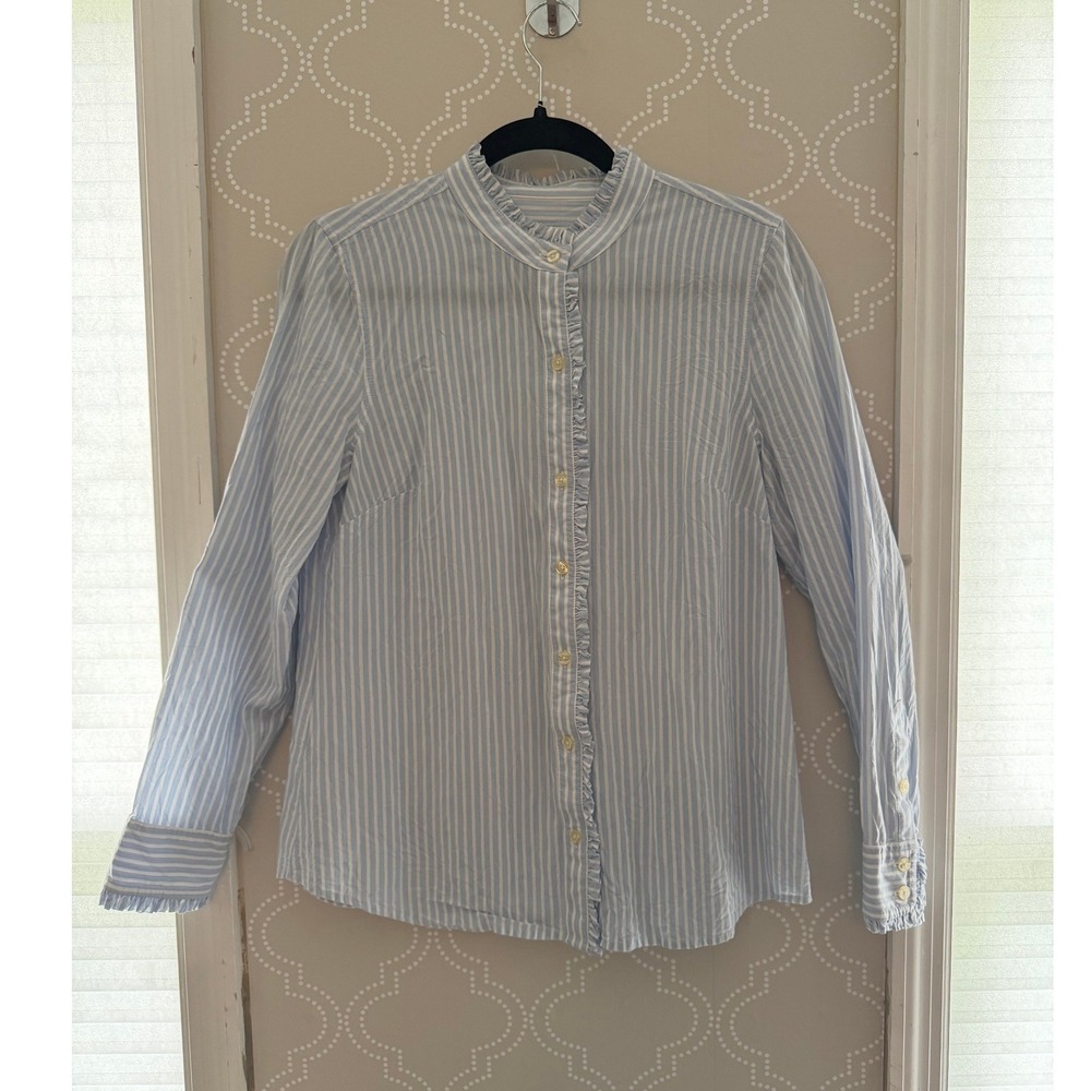 Vineyard Vines Striped Ruffle Trim Button Down Shirt Blue White Size 10 - Picture 3 of 9